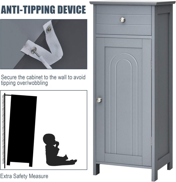 Bathroom Floor ,  Side Storage , Freestanding Single Door Bathroom  with Large Drawer & 2 Adjustable Shelves for Living Room Kitchen (Grey) - Image 7