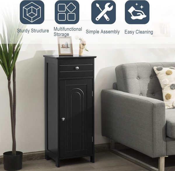 Bathroom Floor ,  Side Storage Organizer, Free-Standing Single Door Floor Storage  with Large Drawer & 2 Adjustable Shelves for Living Room Kitchen (Black) - Image 8