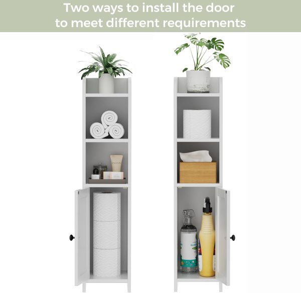 Small Bathroom Storage Corner Floor  with Door and Shelves, Beside The Toilet  for Skinny,  Toilet Paper , Adjustable Shelf, White - Image 4