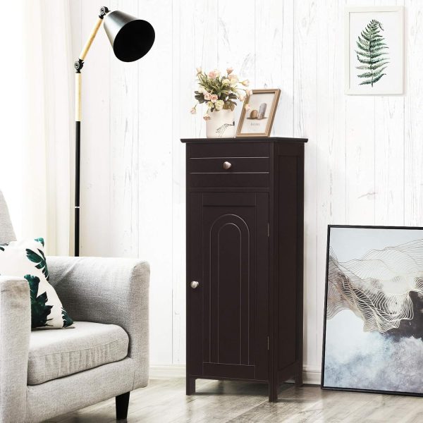 Bathroom Floor ,  Side Storage , Freestanding Single Door Bathroom  with Large Drawer & 2 Adjustable Shelves for Living Room Kitchen (Brown) - Image 2