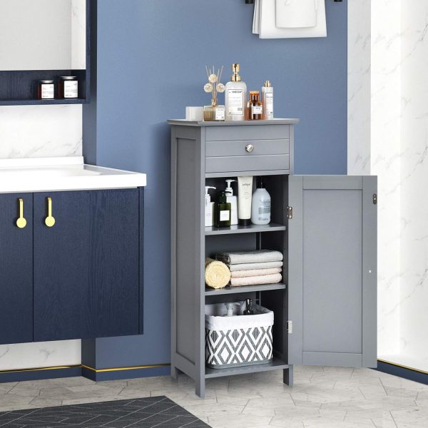 Bathroom Floor ,  Side Storage , Freestanding Single Door Bathroom  with Large Drawer & 2 Adjustable Shelves for Living Room Kitchen (Grey) - Image 4