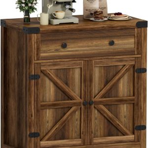 Coffee Bar Accent ,  Barn Door Buffet Sideboard with Drawer and Adjustable Shelf, Wide Desktop for Kitchen, Dining Room, Bathroom, Entryway, Brown