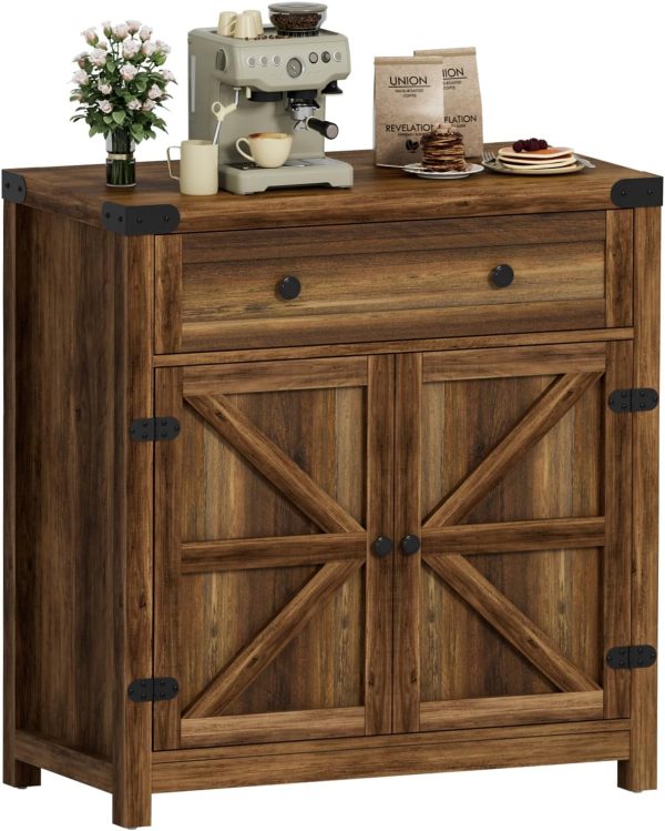Coffee Bar Accent ,  Barn Door Buffet Sideboard with Drawer and Adjustable Shelf, Wide Desktop for Kitchen, Dining Room, Bathroom, Entryway, Brown