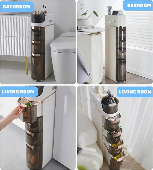 3-Tiers Slim Bathroom Storage , Waterproof  Floor  with Tissue Box and Wheels, Skinny Storage Organizer with Drawers for Small Spaces, Bathroom, Kitchen, Bedroom, 6.7?? - Image 7