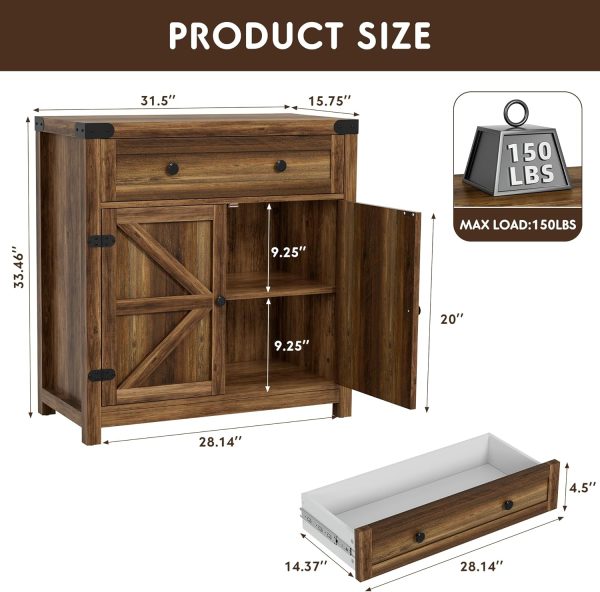 Coffee Bar Accent ,  Barn Door Buffet Sideboard with Drawer and Adjustable Shelf, Wide Desktop for Kitchen, Dining Room, Bathroom, Entryway, Brown - Image 3