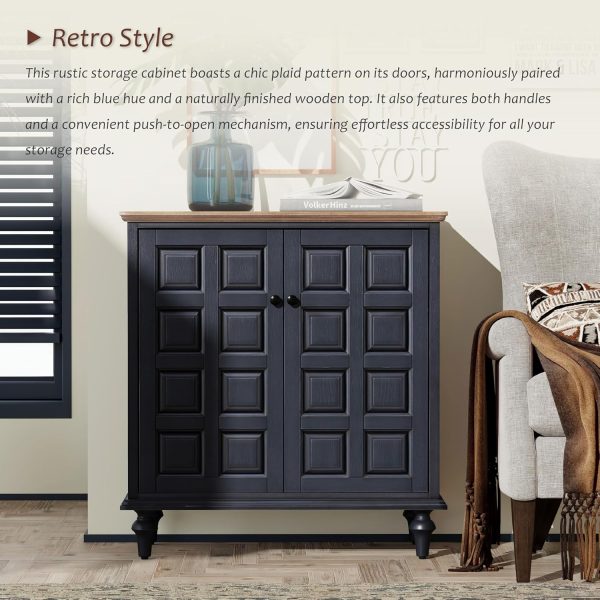 2 Door Storage  with Plaid Pattern Front, Vintage Side Table with Push-to-Open Doors for Bedroom, Living Room, Handles, Two-Shelves, Pine Wood, Black, Natural Wood - Image 3
