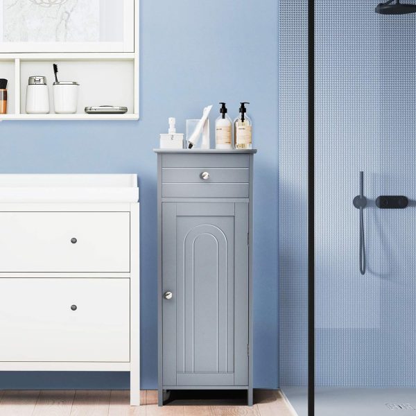 Bathroom Floor ,  Side Storage , Freestanding Single Door Bathroom  with Large Drawer & 2 Adjustable Shelves for Living Room Kitchen (Grey) - Image 2