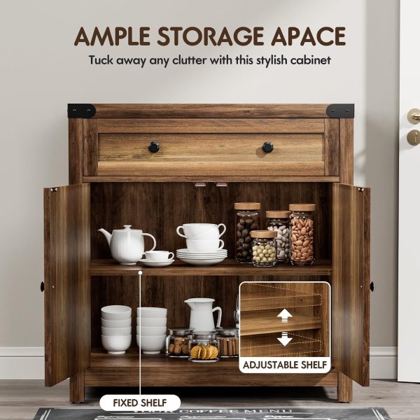 Coffee Bar Accent ,  Barn Door Buffet Sideboard with Drawer and Adjustable Shelf, Wide Desktop for Kitchen, Dining Room, Bathroom, Entryway, Brown - Image 5