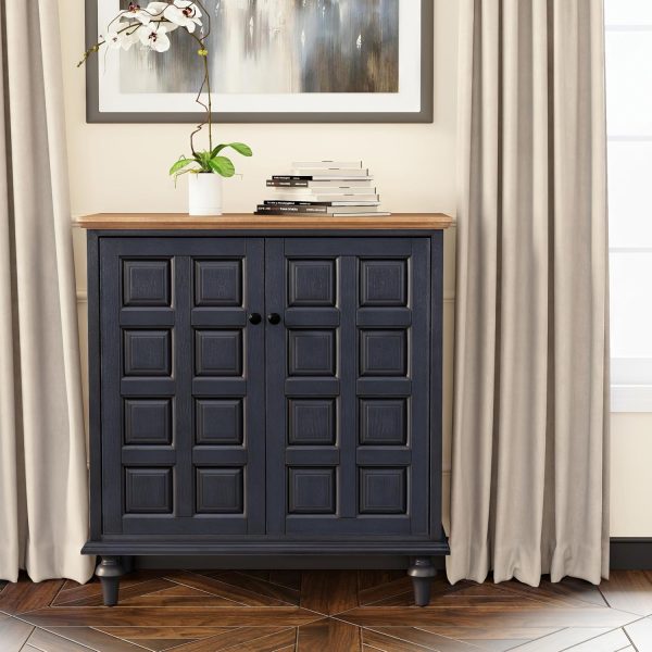 2 Door Storage  with Plaid Pattern Front, Vintage Side Table with Push-to-Open Doors for Bedroom, Living Room, Handles, Two-Shelves, Pine Wood, Black, Natural Wood - Image 6