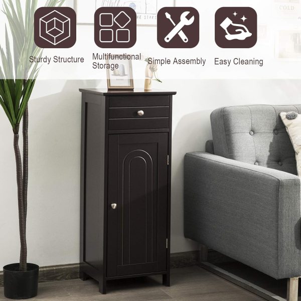 Bathroom Floor ,  Side Storage , Freestanding Single Door Bathroom  with Large Drawer & 2 Adjustable Shelves for Living Room Kitchen (Brown) - Image 9