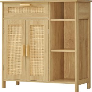 Storage  with  Doors, Sideboard Buffet  with Drawer & Adjustable Shelves, Floor Bathroom  for Living Room, Entryway, Natural