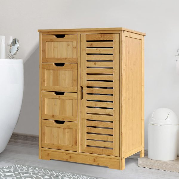 Small Storage  Bamboo with 4 Drawers and 1 Cupboard, Freestanding Compact Floor  Bamboo for Entryway and Bathroom, Natural - Image 2