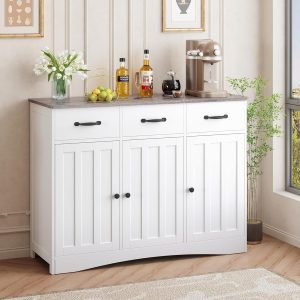 Buffet  with 3 Drawers, Buffet Storage  with Barn Doors, Wood Coffee Bar  with Adjustable Shelf, Modern Sideboard for Kitchen, Dining Room, Living Room, Grey