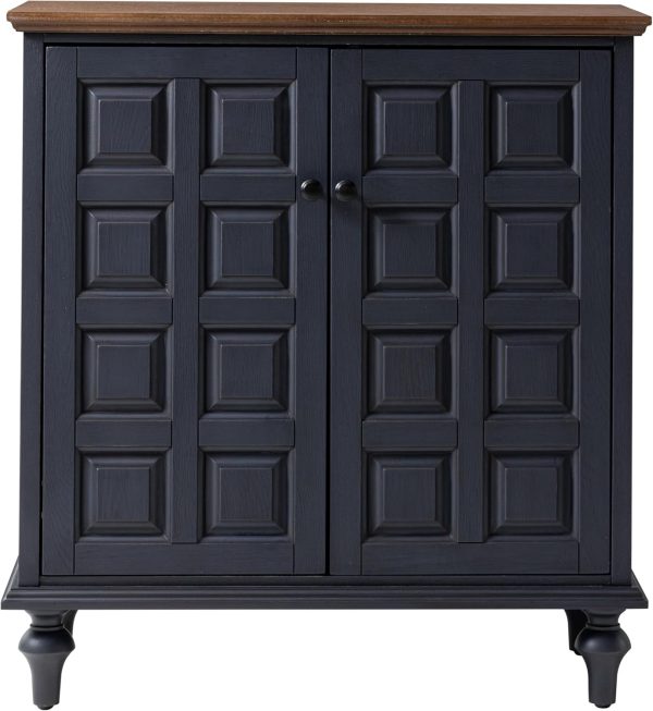 2 Door Storage  with Plaid Pattern Front, Vintage Side Table with Push-to-Open Doors for Bedroom, Living Room, Handles, Two-Shelves, Pine Wood, Black, Natural Wood - Image 8