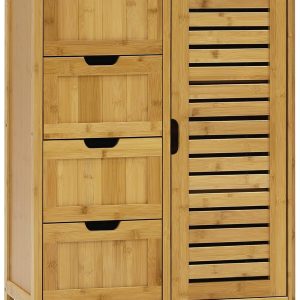 Small Storage  Bamboo with 4 Drawers and 1 Cupboard, Freestanding Compact Floor  Bamboo for Entryway and Bathroom, Natural