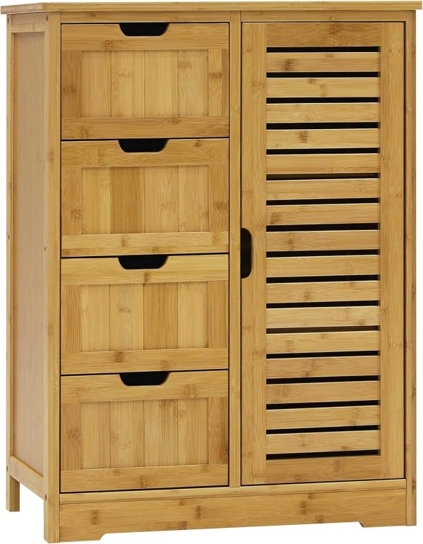 Small Storage  Bamboo with 4 Drawers and 1 Cupboard, Freestanding Compact Floor  Bamboo for Entryway and Bathroom, Natural