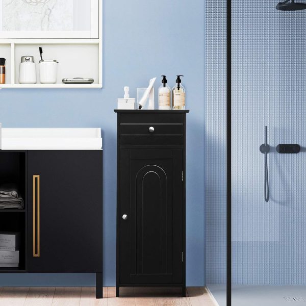 Bathroom Floor ,  Side Storage Organizer, Free-Standing Single Door Floor Storage  with Large Drawer & 2 Adjustable Shelves for Living Room Kitchen (Black) - Image 4