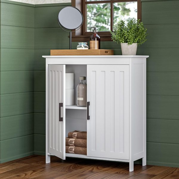 Two-Door Floor Storage  - Bathroom Storage  with Adjustable Shelves - Soft-Close  Doors White Finish with Matte Black Handles - Image 2