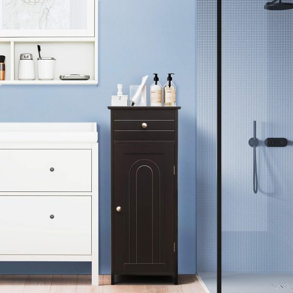 Bathroom Floor ,  Side Storage , Freestanding Single Door Bathroom  with Large Drawer & 2 Adjustable Shelves for Living Room Kitchen (Brown) - Image 4