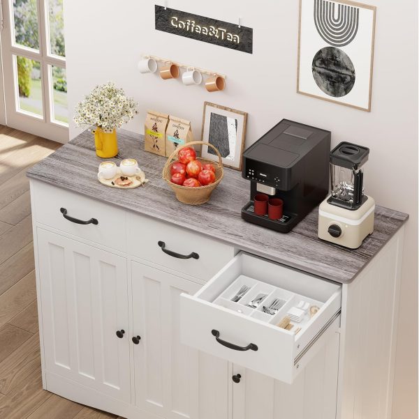 Buffet  with 3 Drawers, Buffet Storage  with Barn Doors, Wood Coffee Bar  with Adjustable Shelf, Modern Sideboard for Kitchen, Dining Room, Living Room, Grey - Image 6