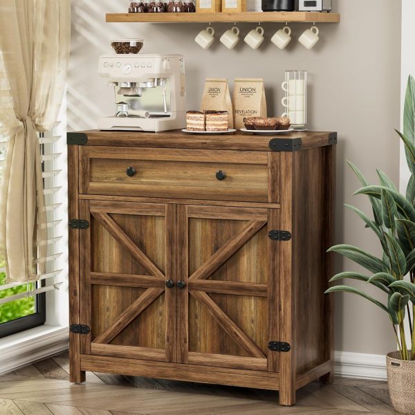 Coffee Bar Accent ,  Barn Door Buffet Sideboard with Drawer and Adjustable Shelf, Wide Desktop for Kitchen, Dining Room, Bathroom, Entryway, Brown - Image 2