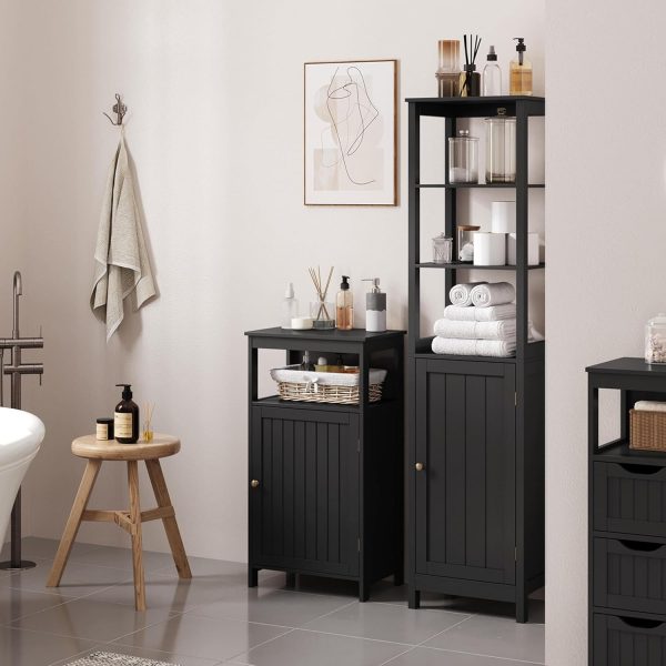 4-Tier Bathroom Floor Storage , Bathroom Free Standing Storage Organizer with Single Door and Adjustable Shelf,  Side  for Living Room, Bathroom, Kitchen, Hallway, Black - Image 5