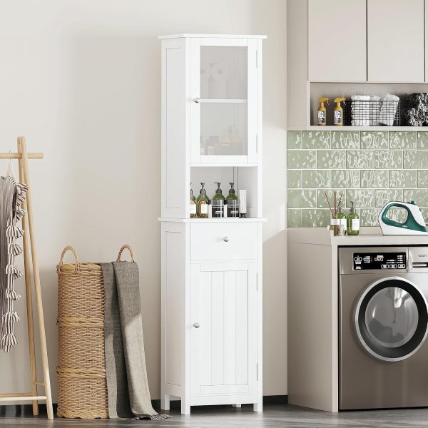 Tall Bathroom Floor  with Glass Doors,  Floor Storage  with Adjustable Shelf,  Bathroom Storage , Pantry with Drawer, White BMGZ105W - Image 3