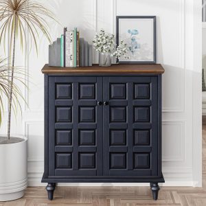 2 Door Storage  with Plaid Pattern Front, Vintage Side Table with Push-to-Open Doors for Bedroom, Living Room, Handles, Two-Shelves, Pine Wood, Black, Natural Wood