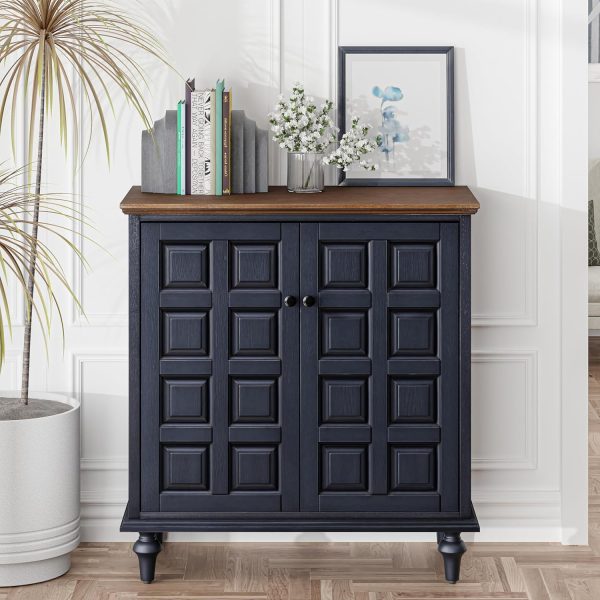 2 Door Storage  with Plaid Pattern Front, Vintage Side Table with Push-to-Open Doors for Bedroom, Living Room, Handles, Two-Shelves, Pine Wood, Black, Natural Wood