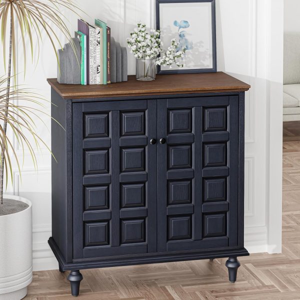 2 Door Storage  with Plaid Pattern Front, Vintage Side Table with Push-to-Open Doors for Bedroom, Living Room, Handles, Two-Shelves, Pine Wood, Black, Natural Wood - Image 5