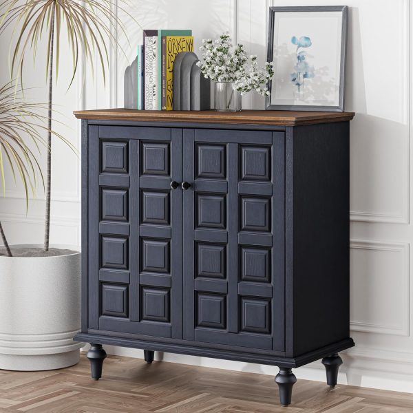 2 Door Storage  with Plaid Pattern Front, Vintage Side Table with Push-to-Open Doors for Bedroom, Living Room, Handles, Two-Shelves, Pine Wood, Black, Natural Wood - Image 7
