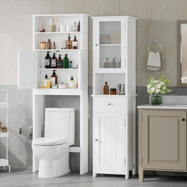 Tall Bathroom Floor  with Glass Doors,  Floor Storage  with Adjustable Shelf,  Bathroom Storage , Pantry with Drawer, White BMGZ105W - Image 4