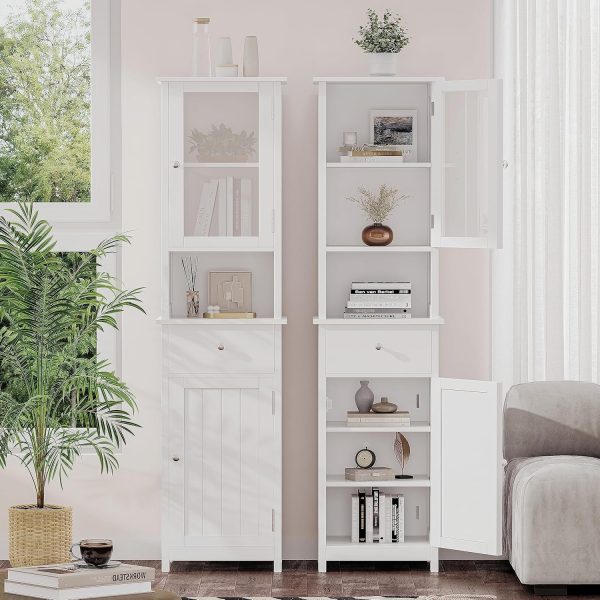 Tall Bathroom Floor  with Glass Doors,  Floor Storage  with Adjustable Shelf,  Bathroom Storage , Pantry with Drawer, White BMGZ105W - Image 8