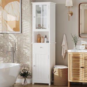 Tall Bathroom Floor  with Glass Doors,  Floor Storage  with Adjustable Shelf,  Bathroom Storage , Pantry with Drawer, White BMGZ105W