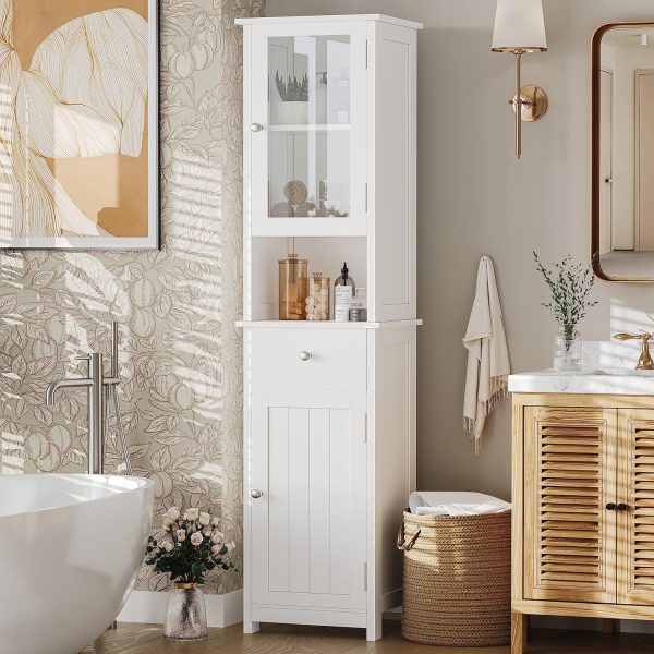 Tall Bathroom Floor  with Glass Doors,  Floor Storage  with Adjustable Shelf,  Bathroom Storage , Pantry with Drawer, White BMGZ105W